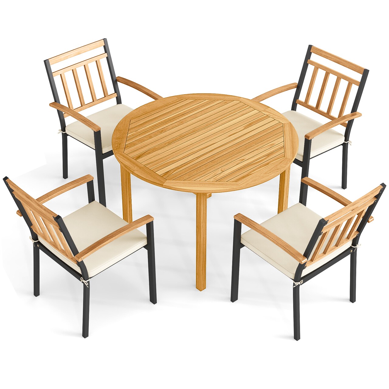 Natural Black Acacia Wood Patio Dining Set 4 Chairs Beige Cushions Round Table